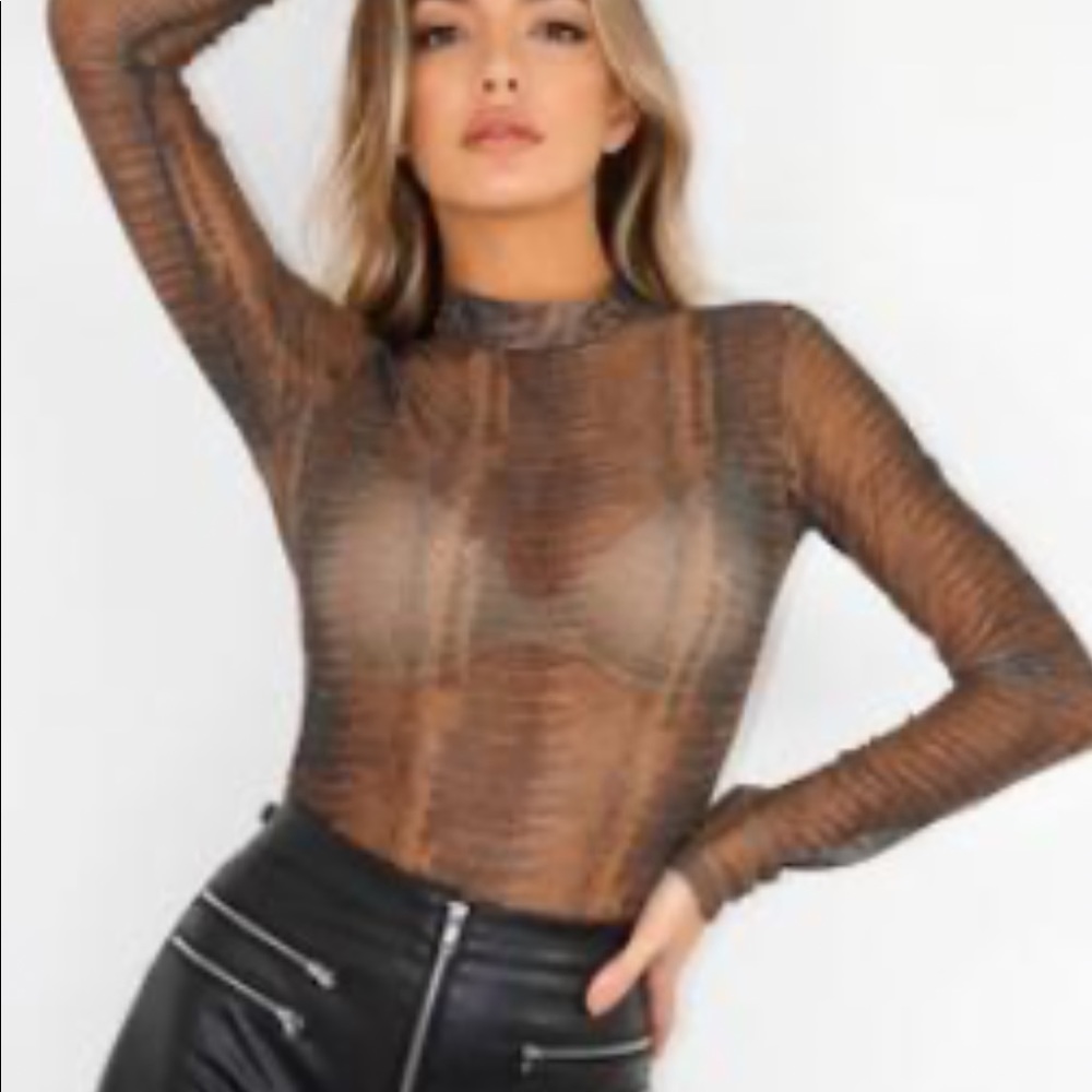 Snakeskin Sheer Long Sleeve Bodysuit - Brown